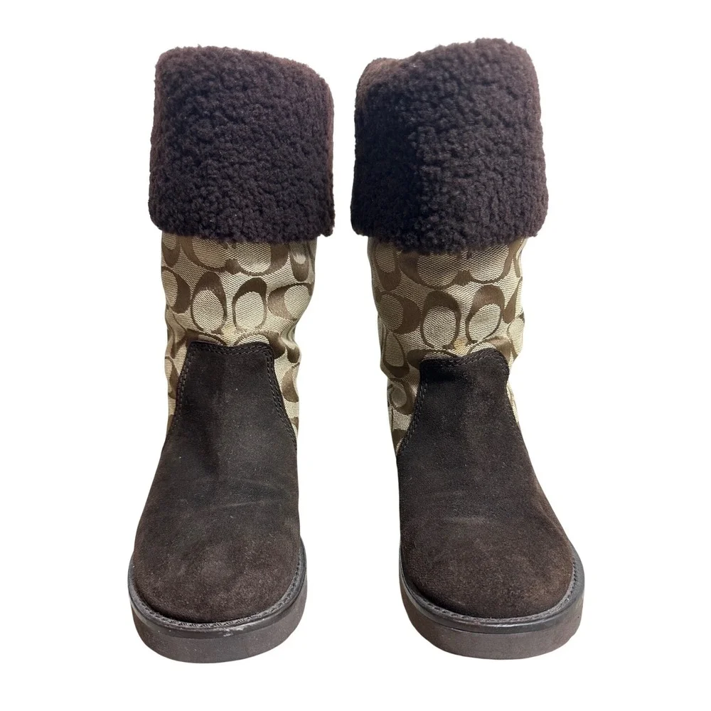 Coach Kally Signature Suede Winter Boots Women Brown Khaki Faux Fur Good 6.5 B - Picture 4 of 16